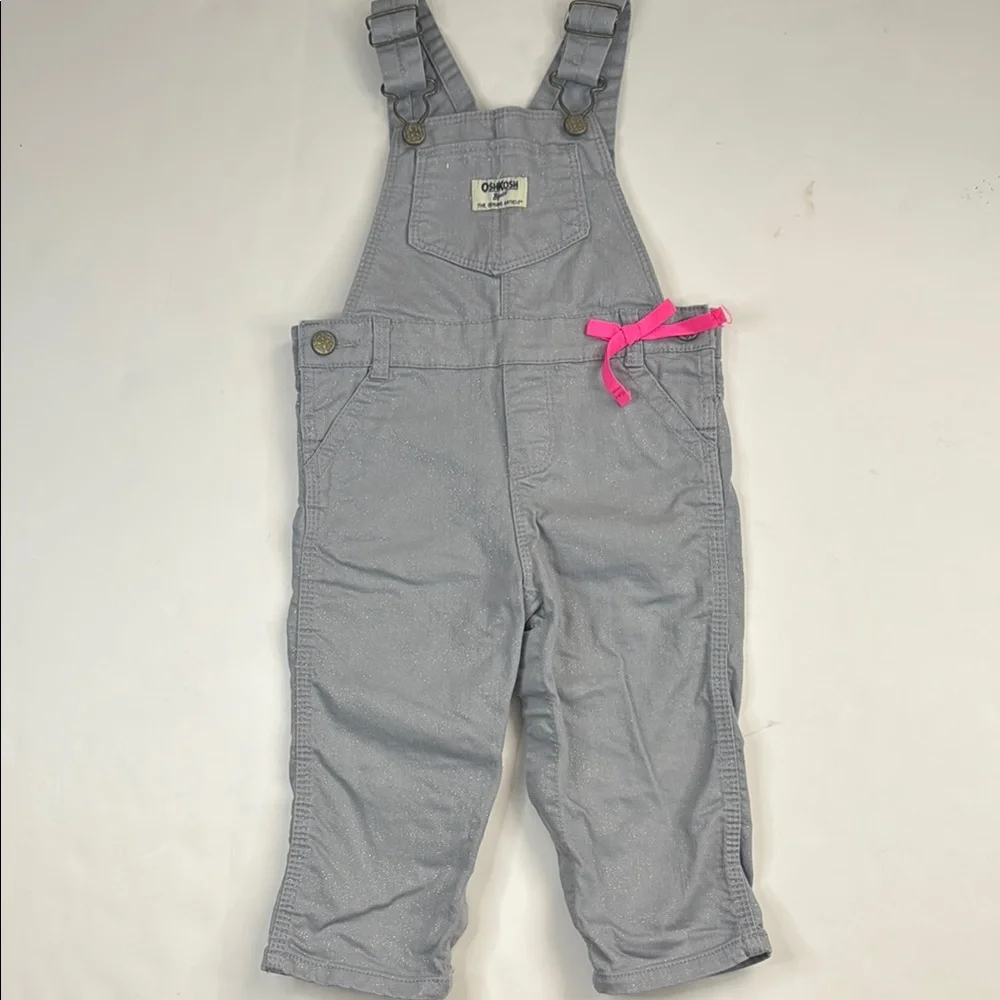 OshKosh B'gosh Toddler Girl Gray Sparkle  Overalls‎ with Pink Bow 18m